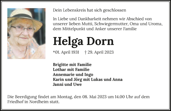 Traueranzeige von Helga Dorn von GESAMT