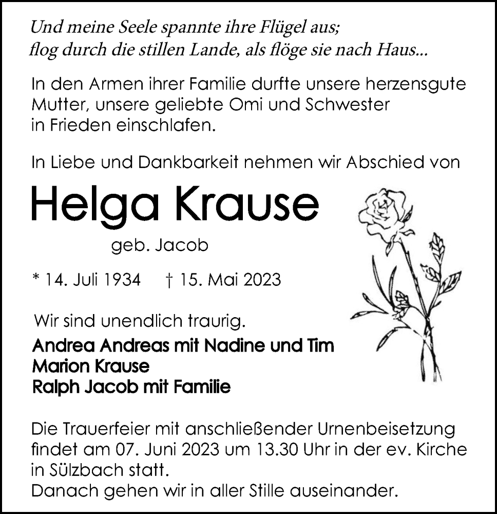  Traueranzeige für Helga Krause vom 31.05.2023 aus GESAMT