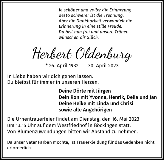 Traueranzeige von Herbert Oldenburg von GESAMT