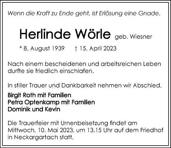 Traueranzeige von Herlinde Wörle von GESAMT