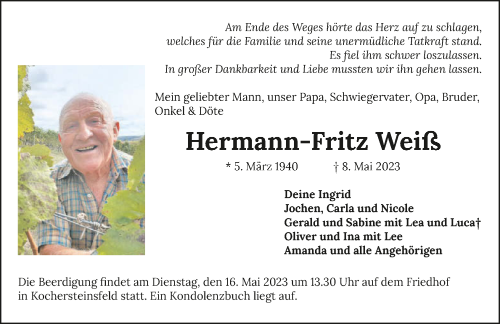  Traueranzeige für Hermann-Fritz Weiß vom 12.05.2023 aus GESAMT