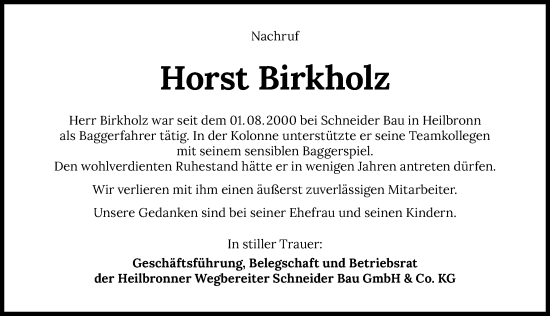 Traueranzeige von Horst Birkholz von GESAMT