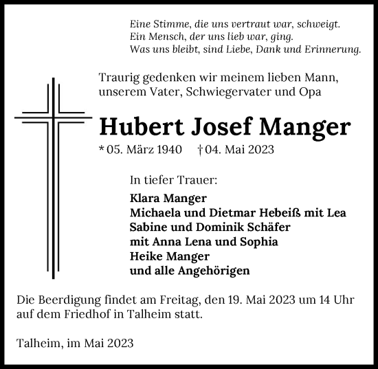 Traueranzeige von Hubert Josef Manger von GESAMT