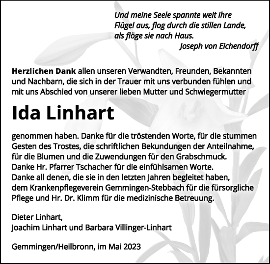 Traueranzeige von Ida Linhart von GESAMT