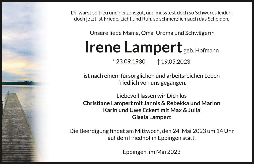  Traueranzeige für Irene Lampert vom 23.05.2023 aus GESAMT