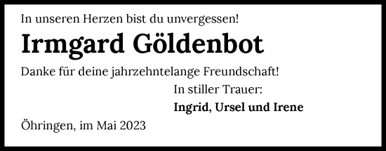 Traueranzeige von Irmgard Göldenbot von GESAMT