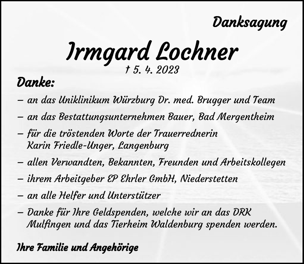  Traueranzeige für Irmgard Lochner vom 11.05.2023 aus GESAMT
