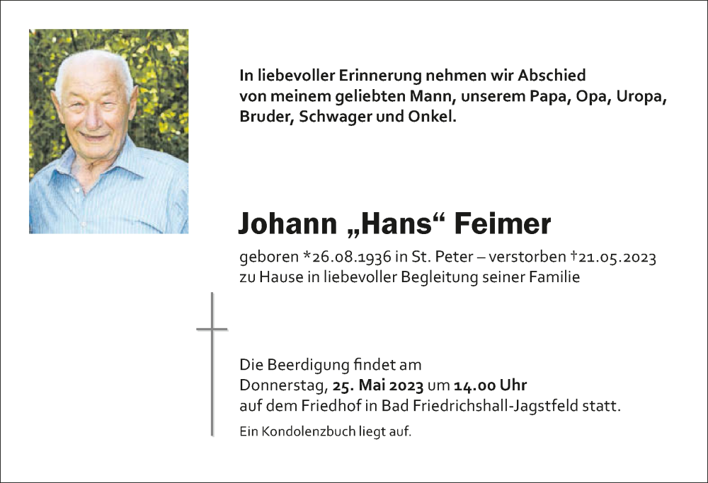  Traueranzeige für Johann Feimer vom 23.05.2023 aus GESAMT