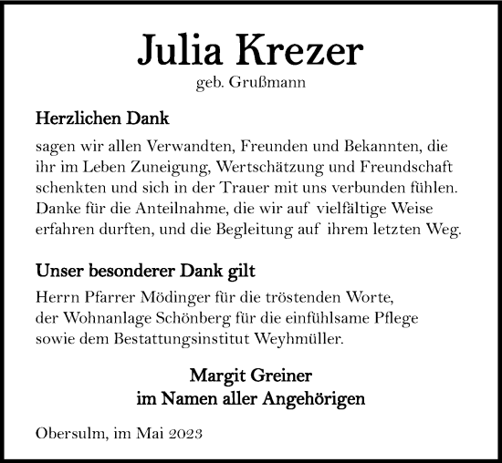 Traueranzeige von Julia Krezer von GESAMT