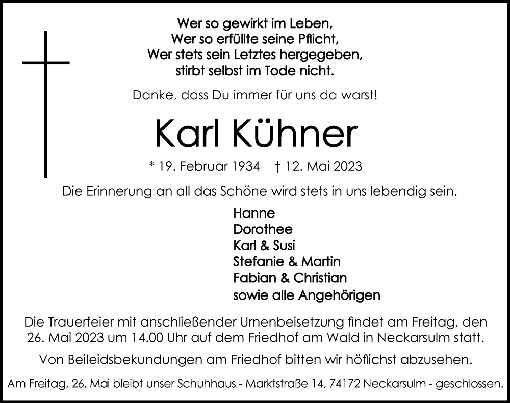  Traueranzeige für Karl Kühner vom 20.05.2023 aus GESAMT