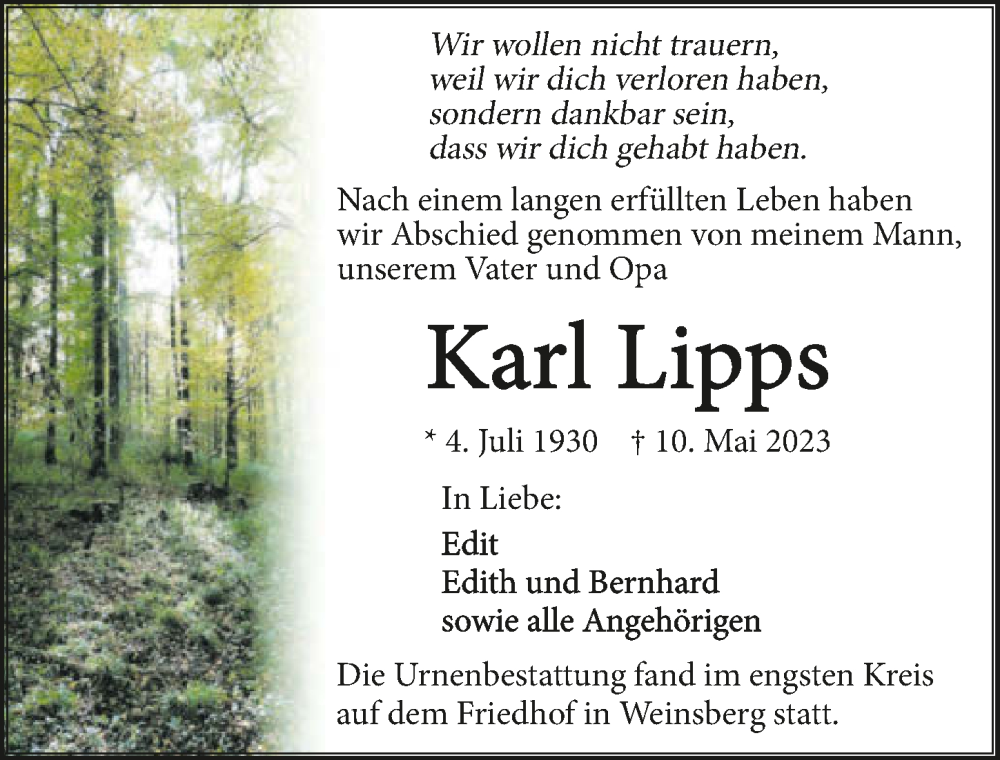  Traueranzeige für Karl Lipps vom 27.05.2023 aus GESAMT