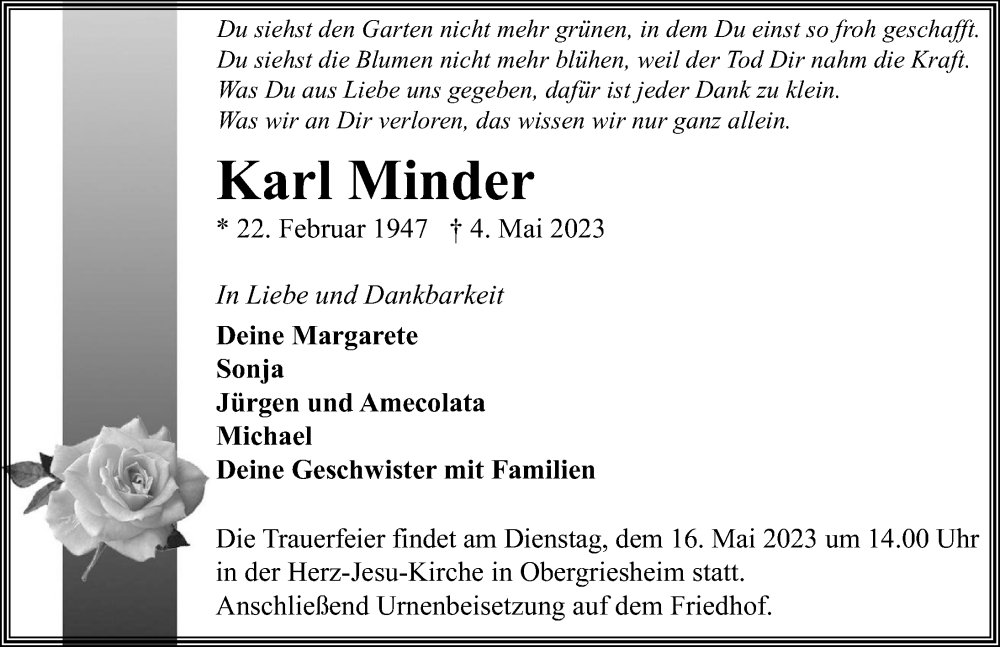  Traueranzeige für Karl Minder vom 13.05.2023 aus GESAMT