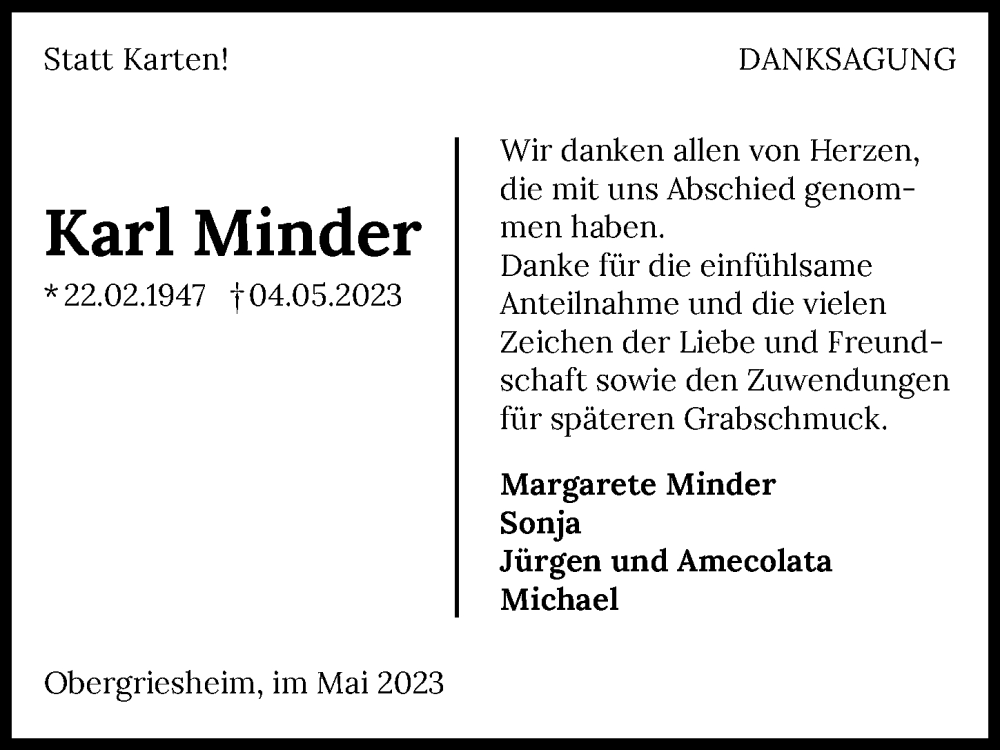  Traueranzeige für Karl Minder vom 31.05.2023 aus GESAMT