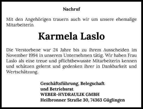 Traueranzeige von Karmela Laslo von GESAMT