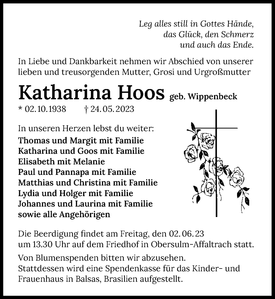  Traueranzeige für Katharina Hoos vom 27.05.2023 aus GESAMT