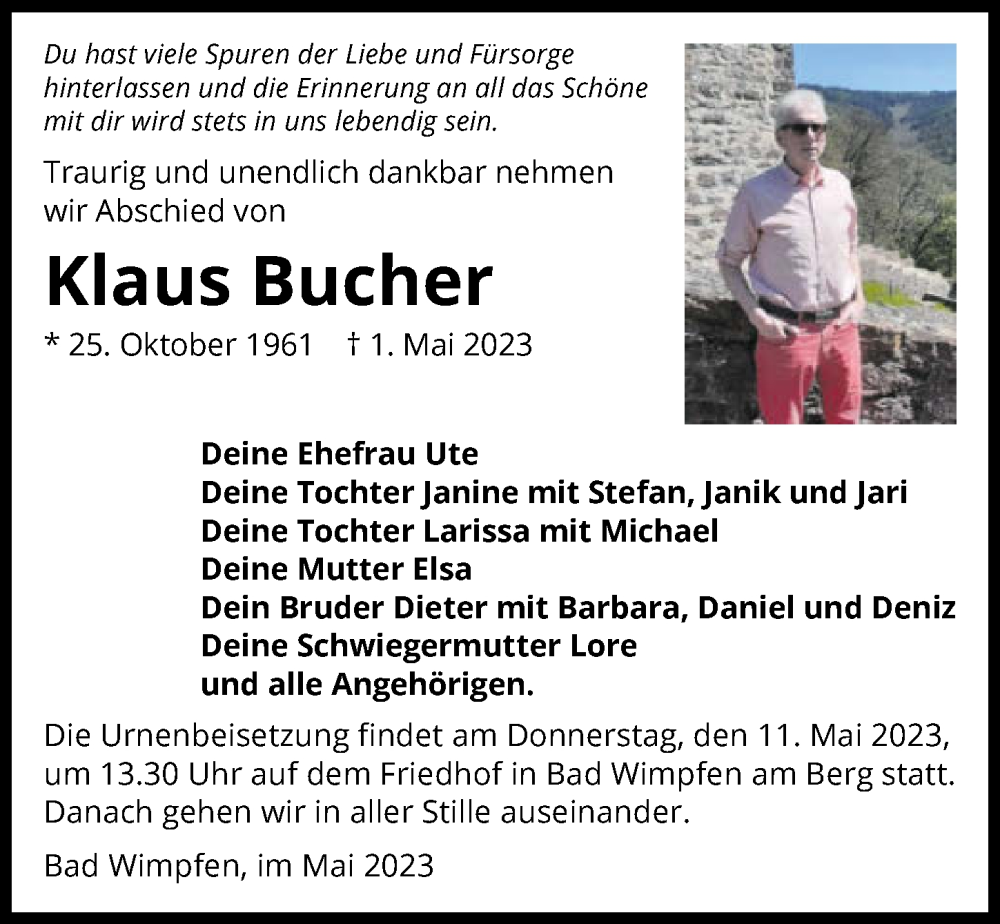 Traueranzeige für Klaus Bucher vom 06.05.2023 aus GESAMT