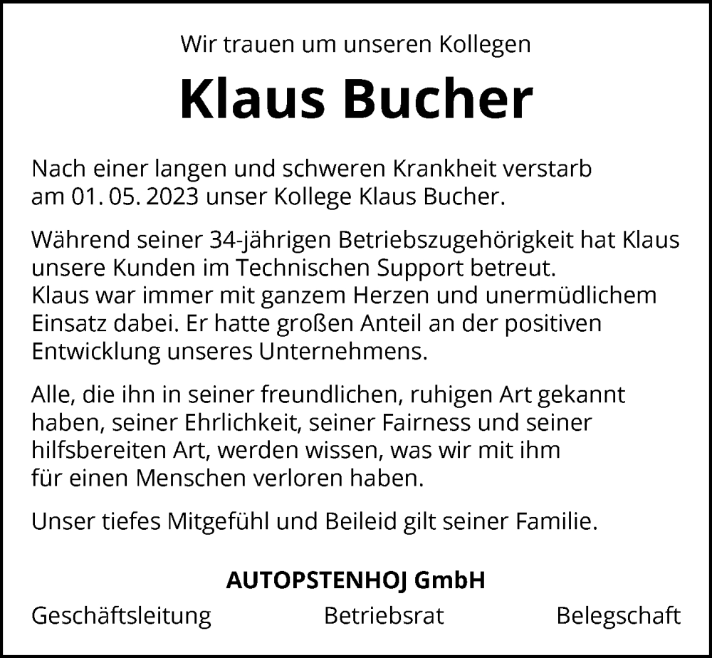  Traueranzeige für Klaus Bucher vom 09.05.2023 aus GESAMT
