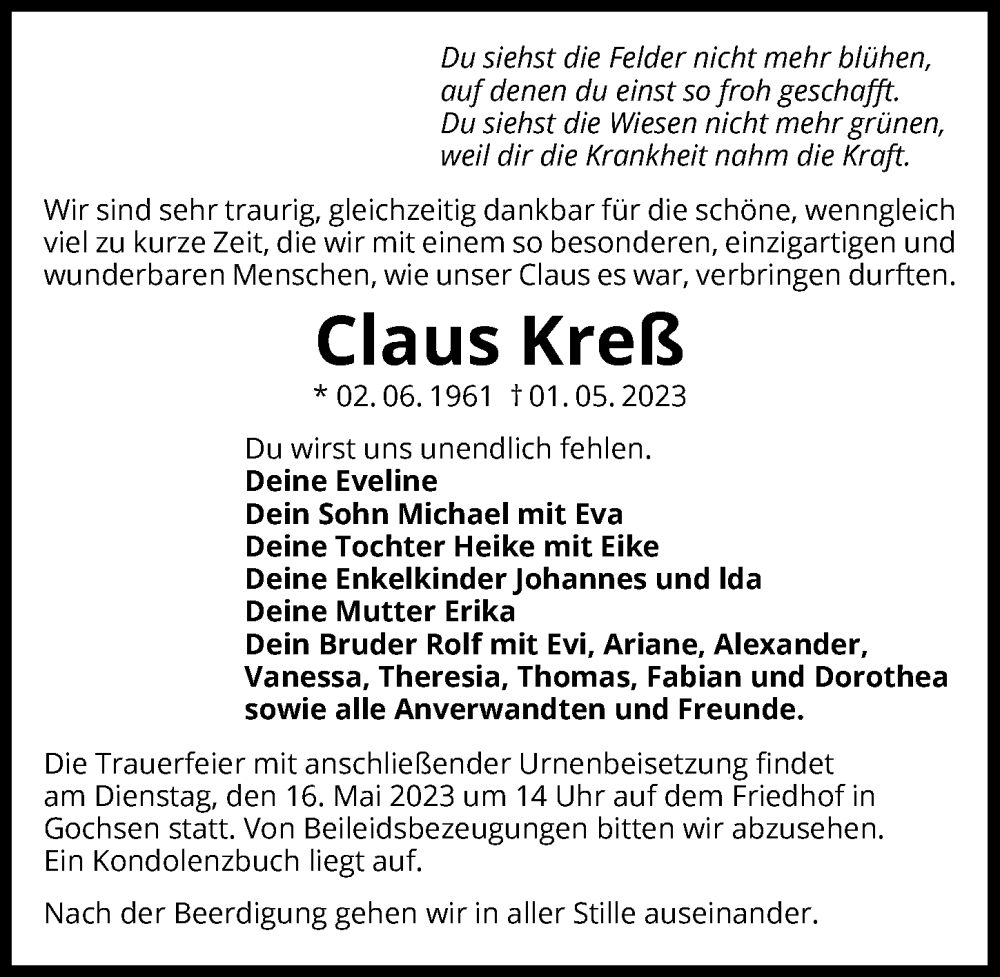  Traueranzeige für Klaus Kreß vom 13.05.2023 aus GESAMT