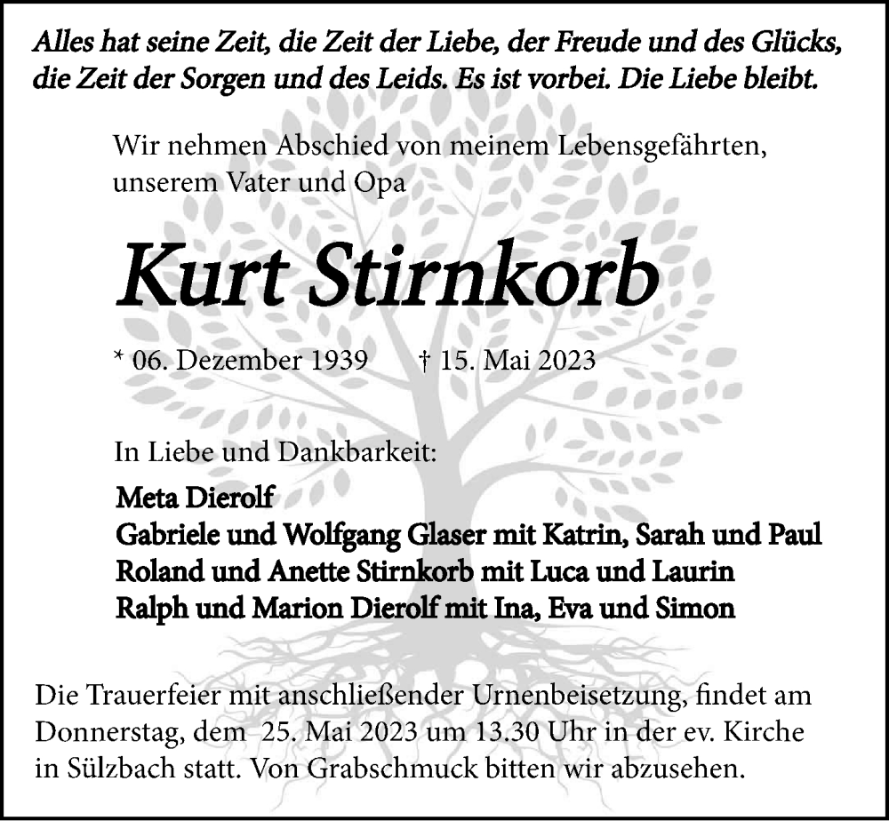  Traueranzeige für Kurt Stirnkorb vom 20.05.2023 aus GESAMT