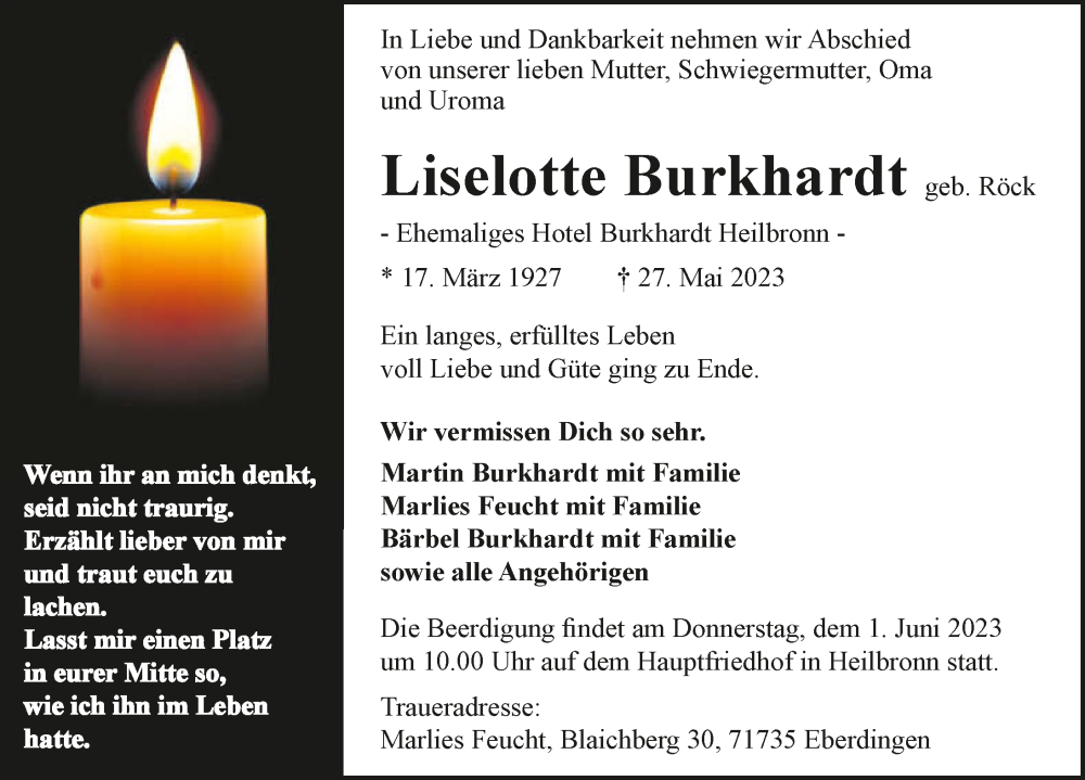  Traueranzeige für Liselotte Burkhardt vom 31.05.2023 aus GESAMT