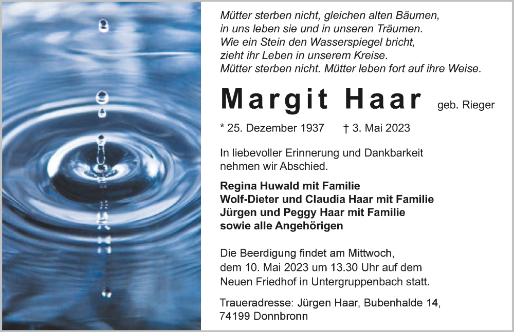  Traueranzeige für Margit Haar vom 06.05.2023 aus GESAMT