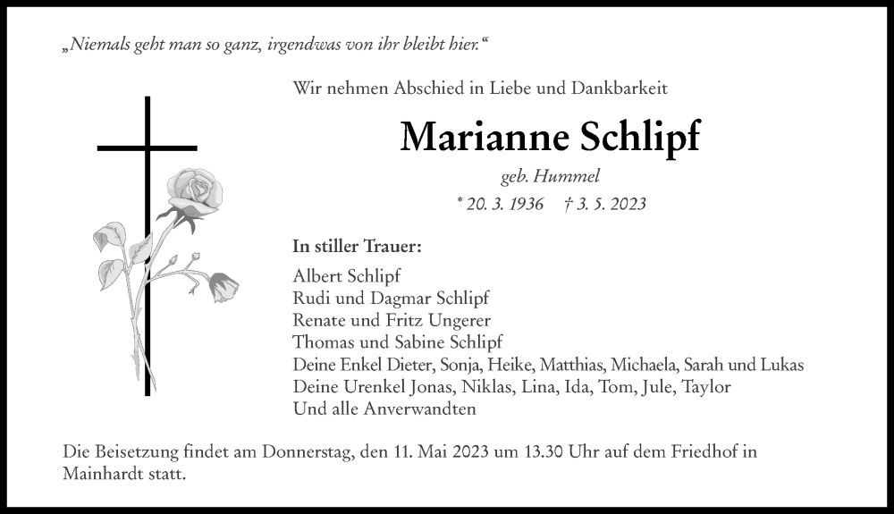  Traueranzeige für Marianne Schlipf vom 09.05.2023 aus GESAMT