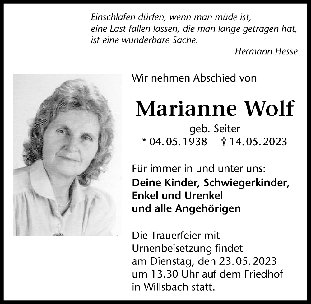  Traueranzeige für Marianne Wolf vom 20.05.2023 aus GESAMT