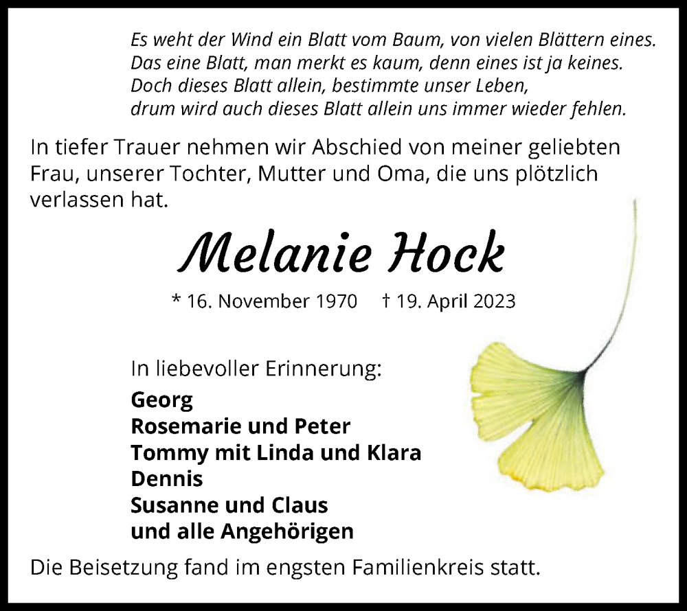  Traueranzeige für Melanie Hock vom 08.05.2023 aus GESAMT