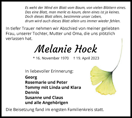 Traueranzeige von Melanie Hock von GESAMT