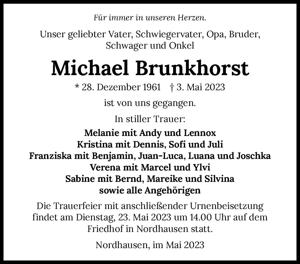  Traueranzeige für Michael Brunkhorst vom 13.05.2023 aus GESAMT