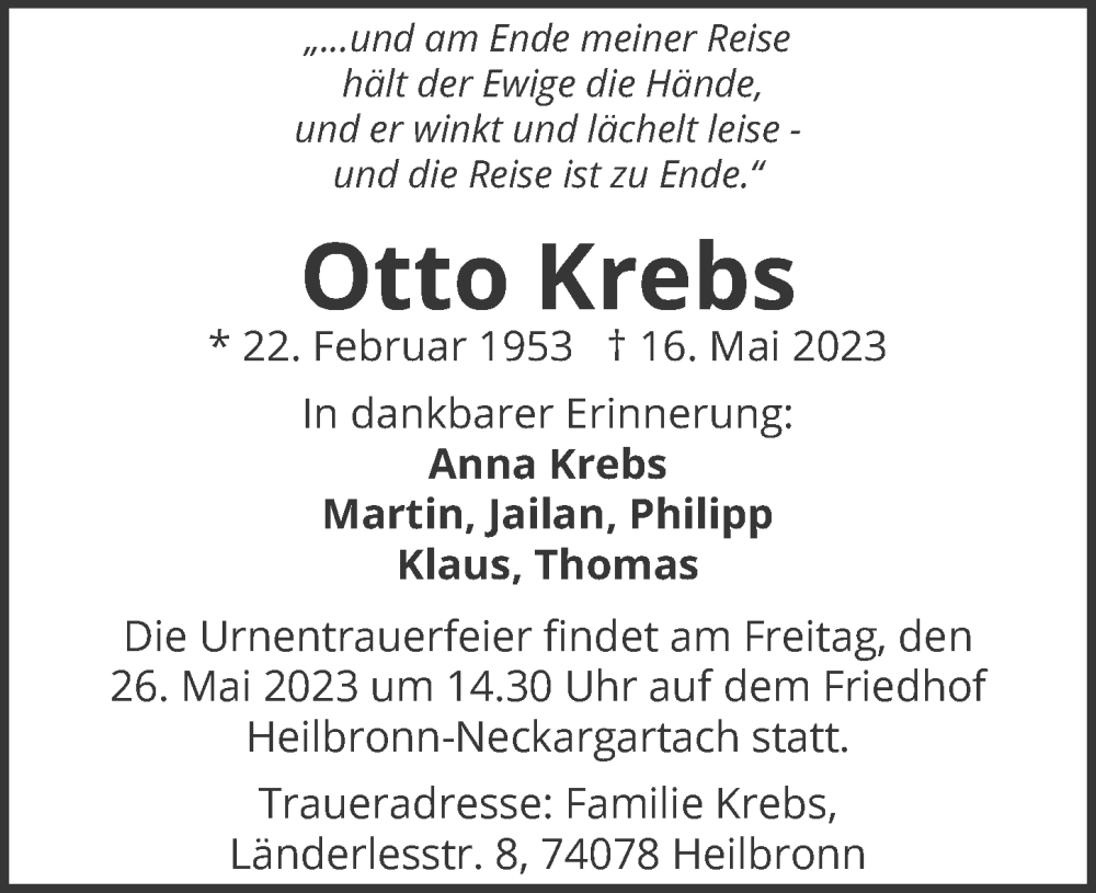  Traueranzeige für Otto Krebs vom 23.05.2023 aus GESAMT