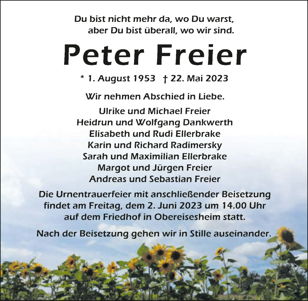  Traueranzeige für Peter Freier vom 27.05.2023 aus GESAMT