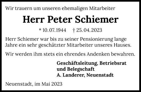 Traueranzeige von Peter Schiemer von GESAMT