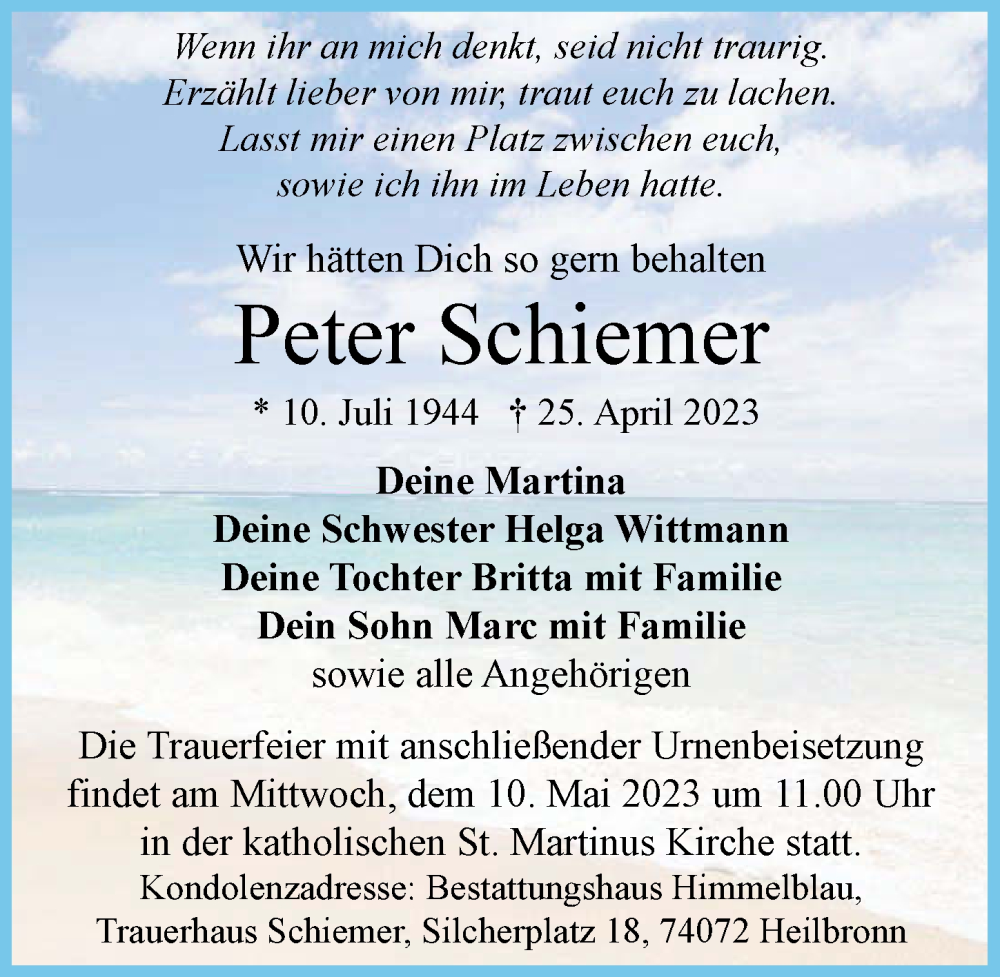  Traueranzeige für Peter Schiemer vom 06.05.2023 aus GESAMT