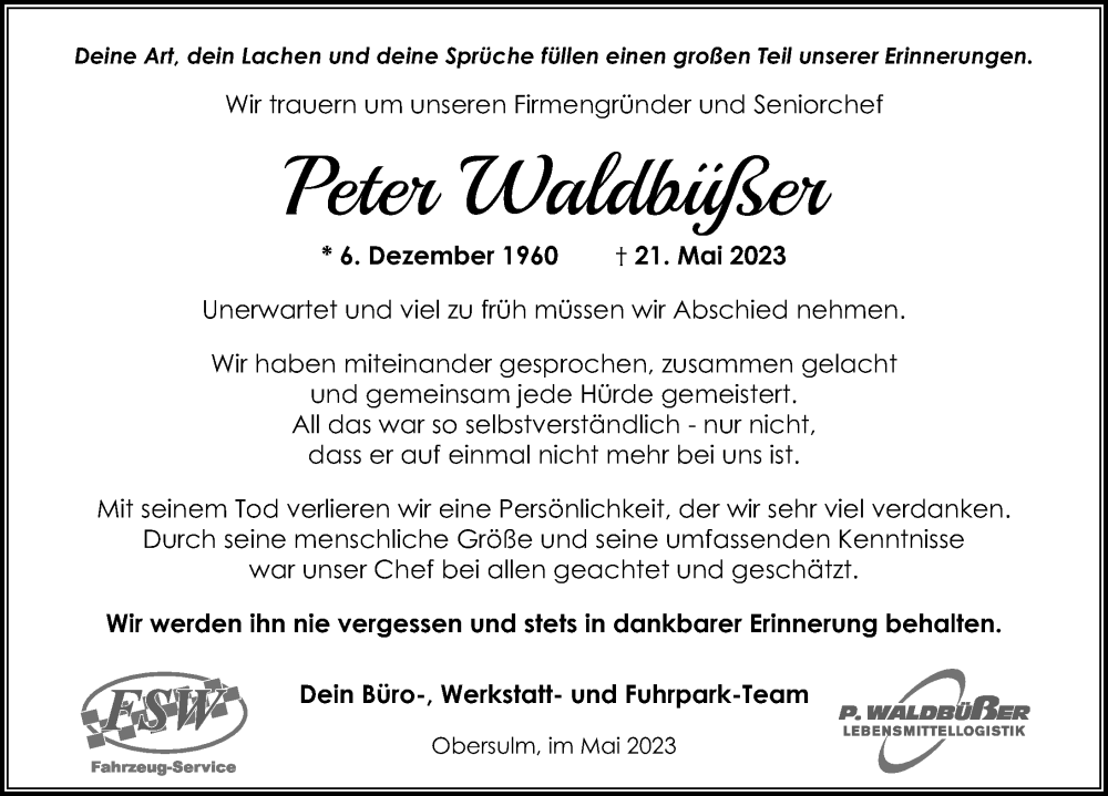  Traueranzeige für Peter Waldbüßer vom 25.05.2023 aus GESAMT