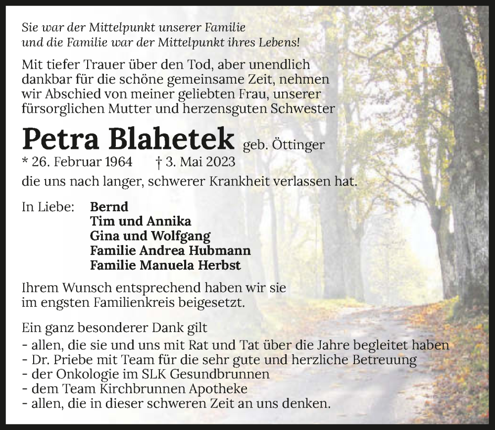  Traueranzeige für Petra Blahetek vom 16.05.2023 aus GESAMT