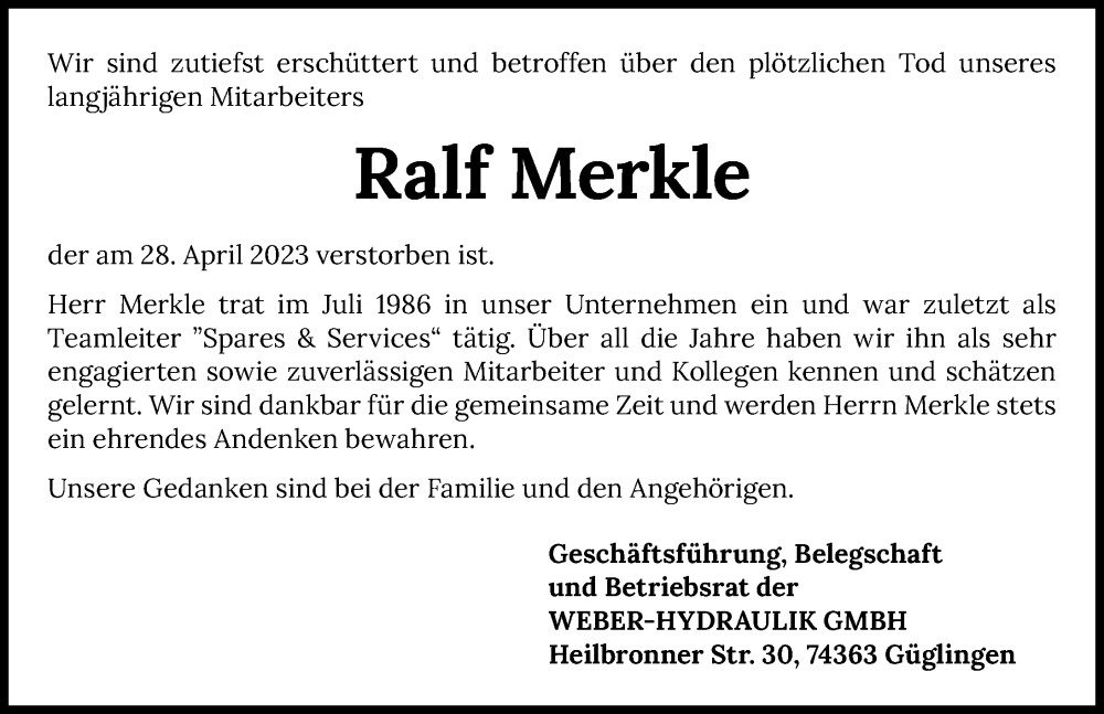  Traueranzeige für Ralf Merkle vom 05.05.2023 aus GESAMT