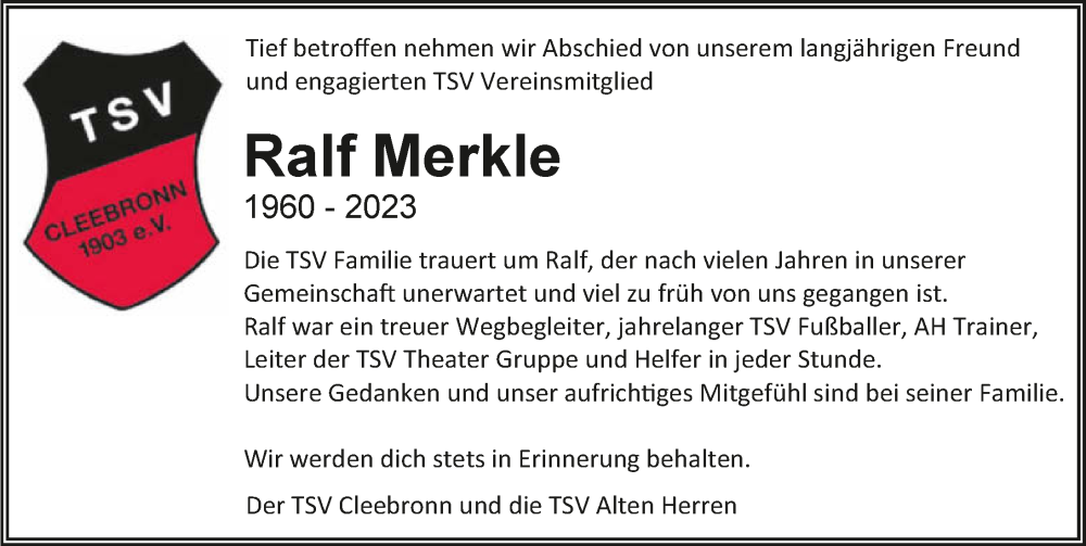  Traueranzeige für Ralf Merkle vom 04.05.2023 aus GESAMT