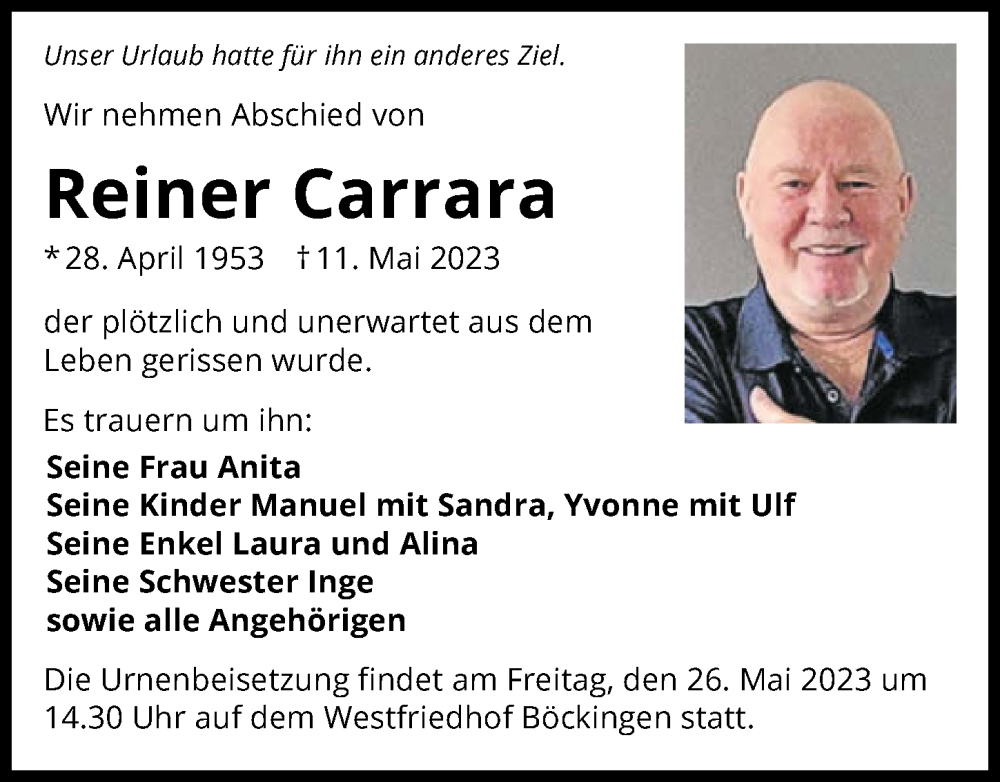  Traueranzeige für Reiner Carrara vom 20.05.2023 aus GESAMT