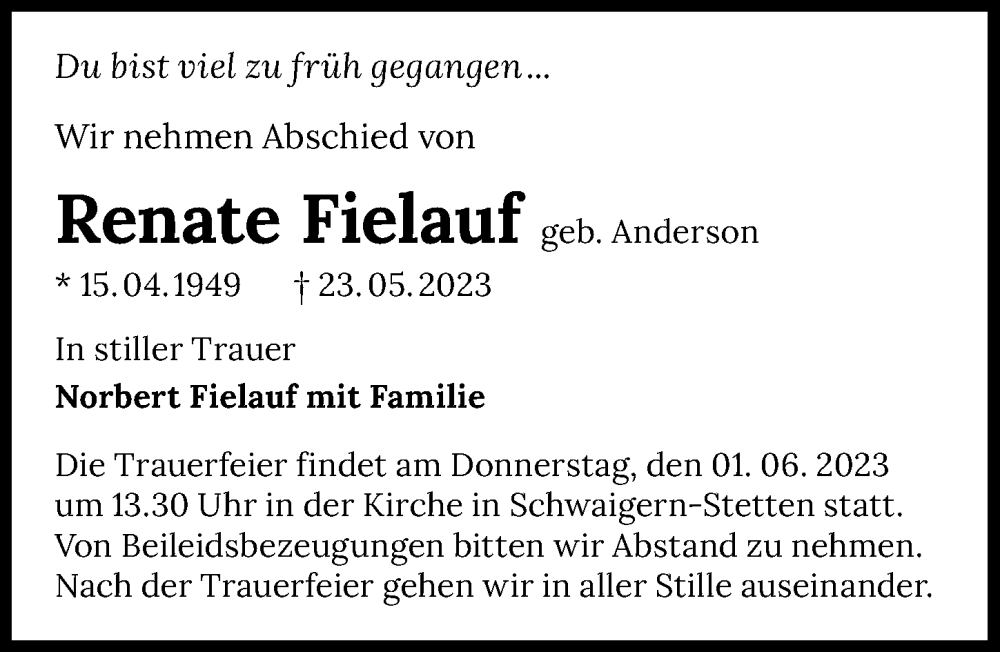  Traueranzeige für Renate Fielauf  vom 27.05.2023 aus GESAMT