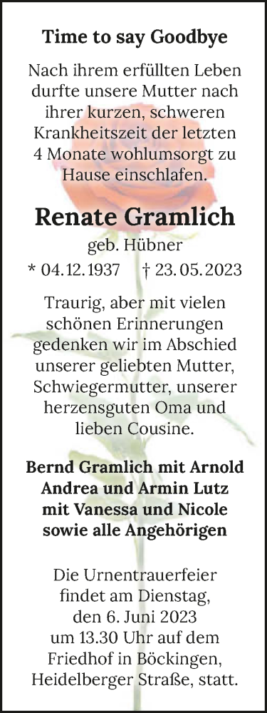 Traueranzeige von Renate Gramlich von GESAMT