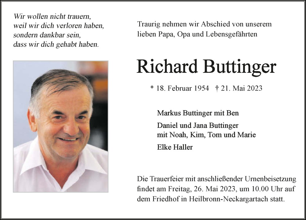  Traueranzeige für Richard Buttinger vom 24.05.2023 aus GESAMT