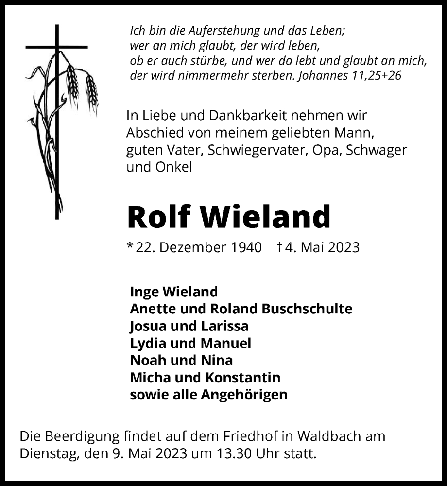 Traueranzeige für Rolf Wieland vom 06.05.2023 aus GESAMT