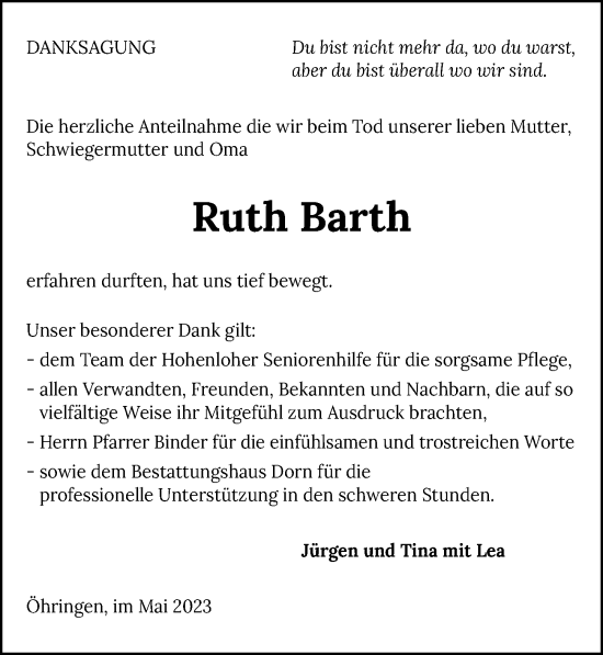 Traueranzeige von Ruth Barth von GESAMT