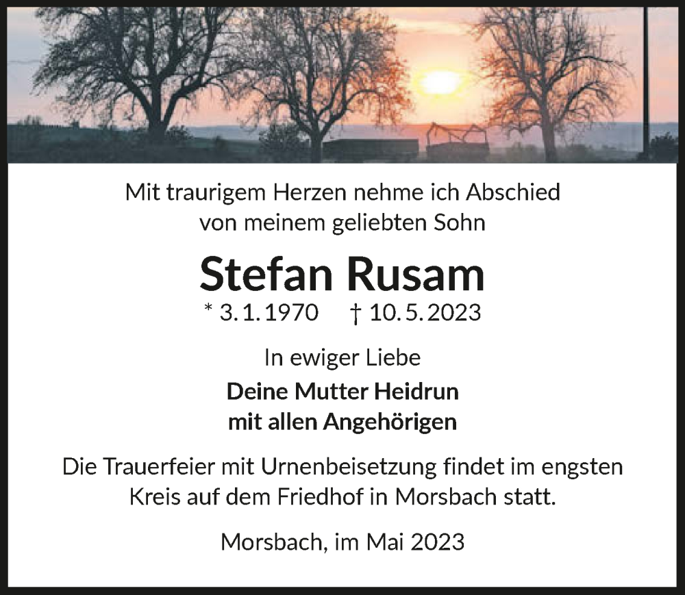 Traueranzeige für Stefan Rusam vom 13.05.2023 aus GESAMT
