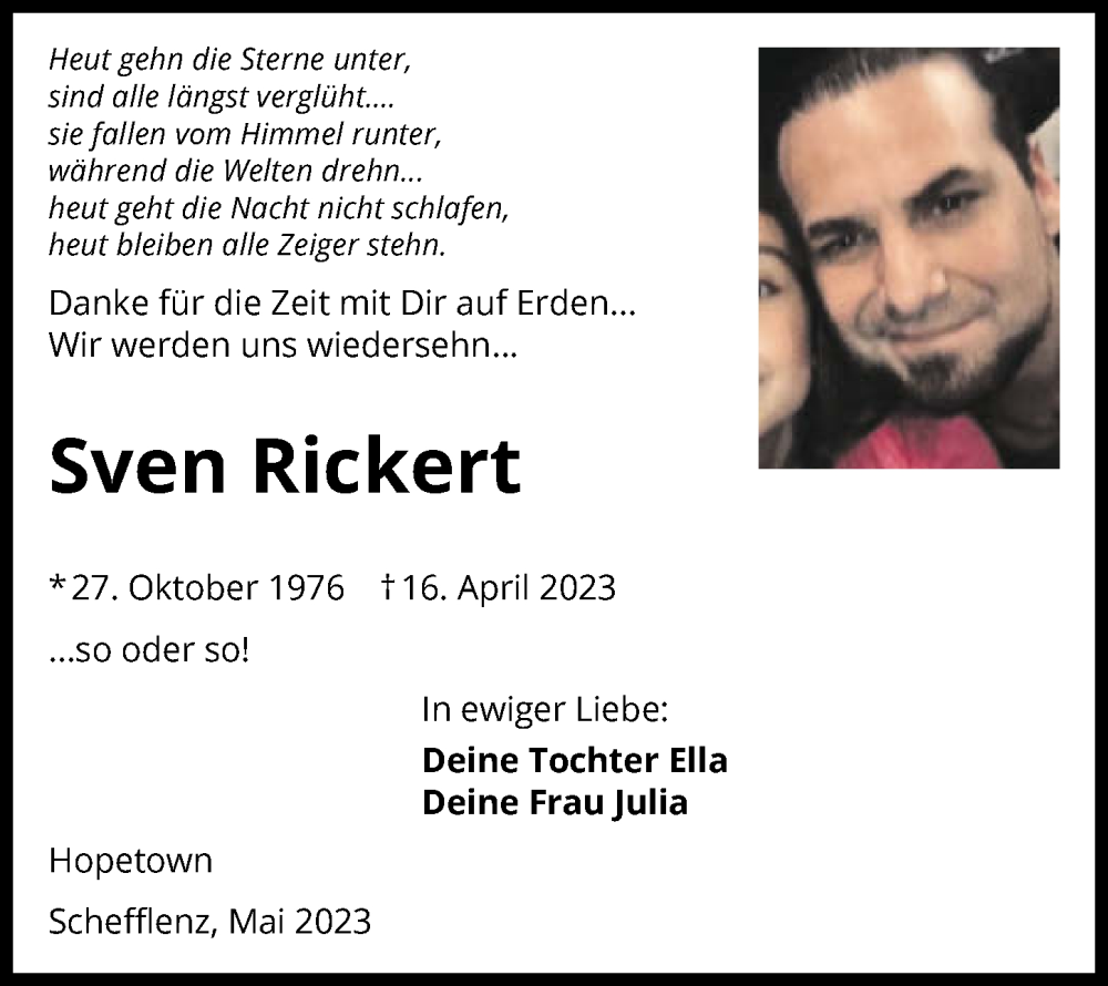  Traueranzeige für Sven Rickert vom 16.05.2023 aus GESAMT