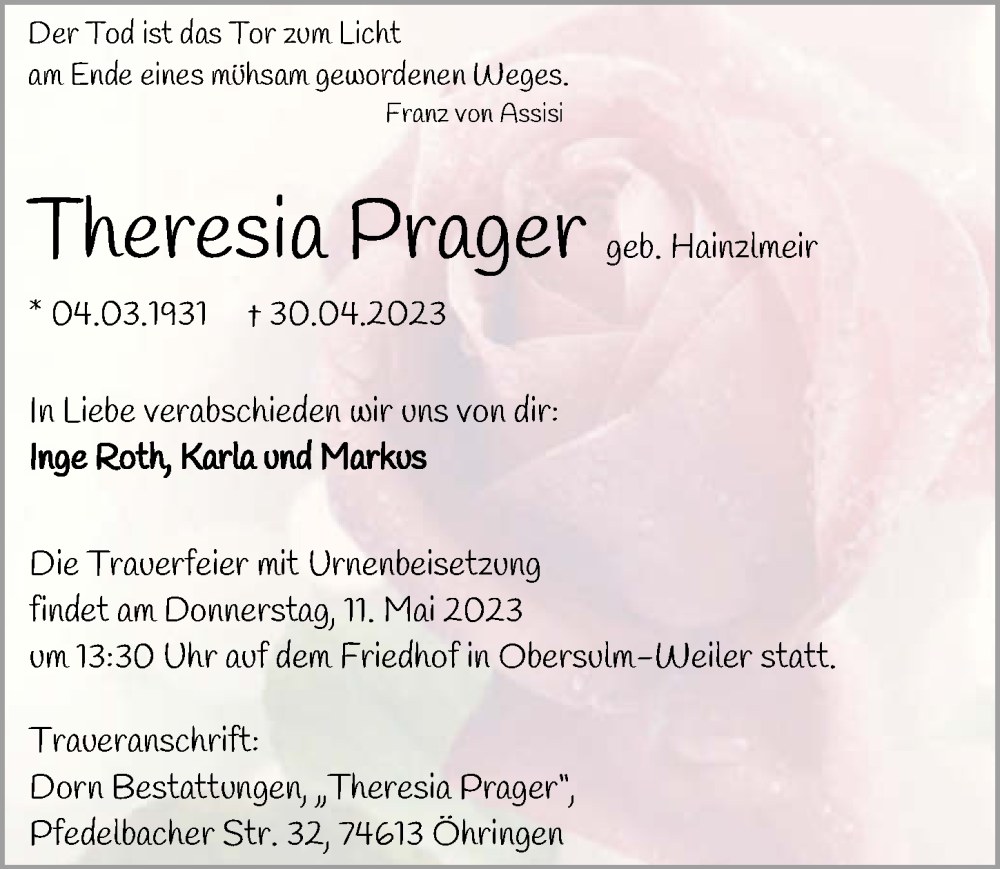  Traueranzeige für Theresia Prager vom 06.05.2023 aus GESAMT