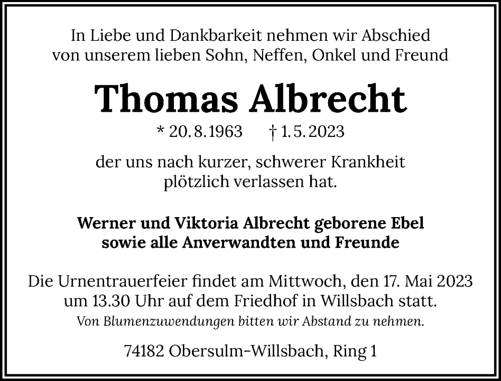 Traueranzeige für Thomas Albrecht vom 06.05.2023 aus GESAMT
