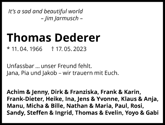 Traueranzeige von Thomas Dederer von GESAMT