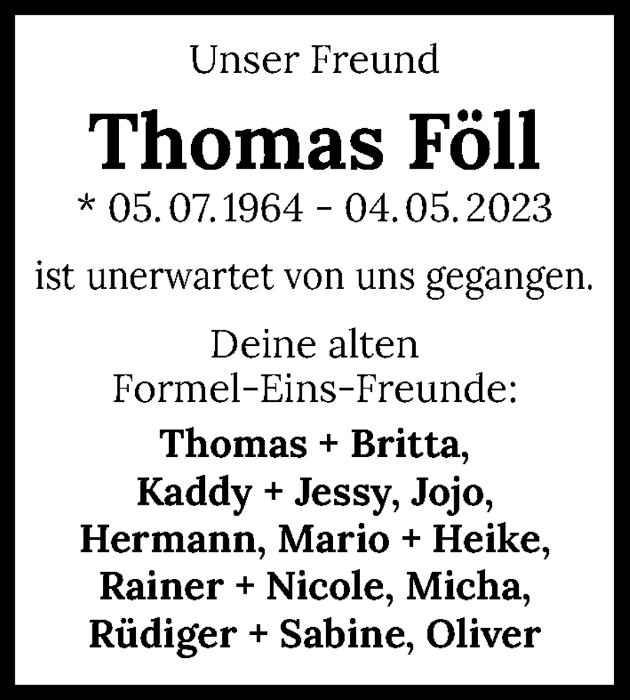  Traueranzeige für Thomas Föll vom 09.05.2023 aus GESAMT